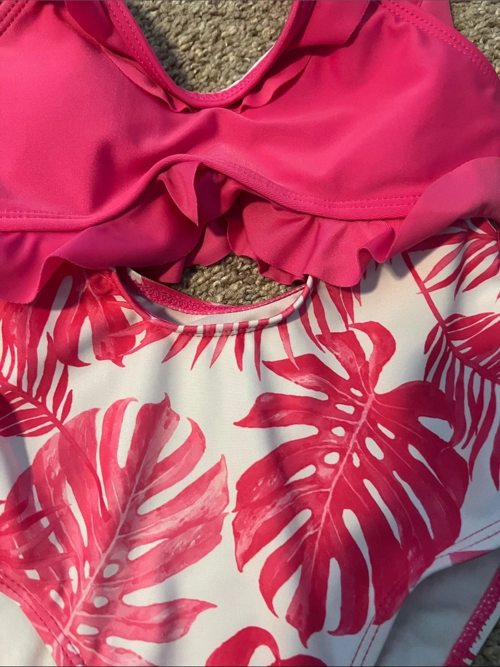 SHEIN Hot Pink Ruffle One-Piece Swimsuit with Tropical Leaf Print